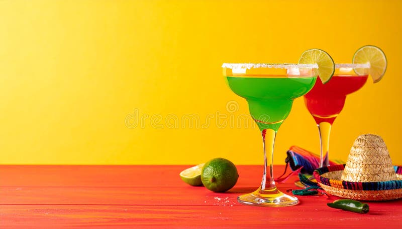 Fericit Cinco de Mayo temă de petrecere colorată cu băuturi de margarita de culoare strălucitoare pe masa de lemn roșu și fundal g royalty free illustration
