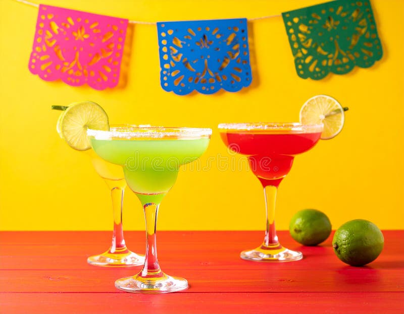 Fericit Cinco de Mayo temă de petrecere colorată cu băuturi de margarita de culoare strălucitoare pe masa de lemn roșu și fundal g vector illustration
