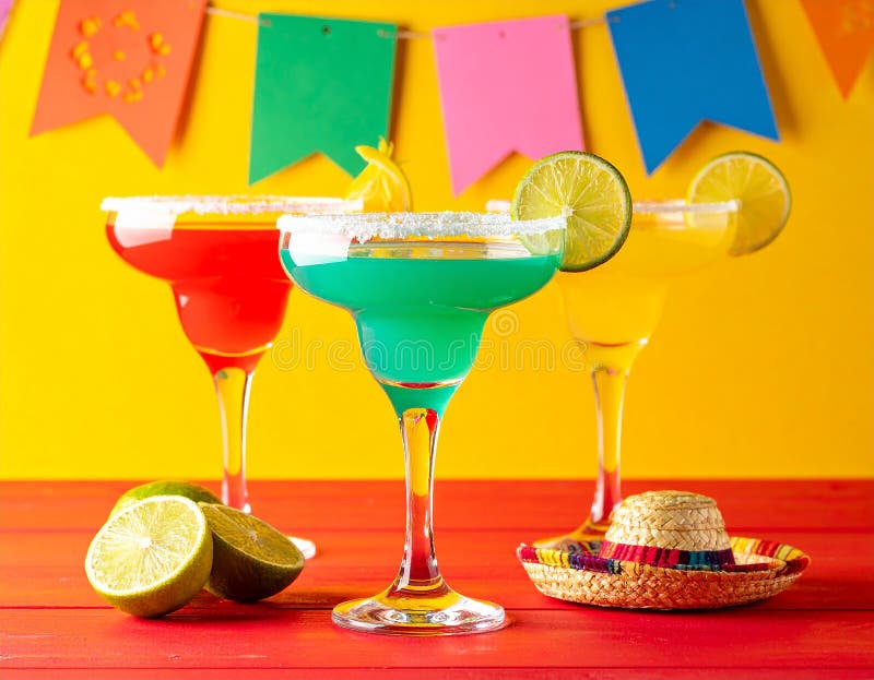 Fericit Cinco de Mayo temă de petrecere colorată cu băuturi de margarita de culoare strălucitoare pe masa de lemn roșu și fundal g stock illustration