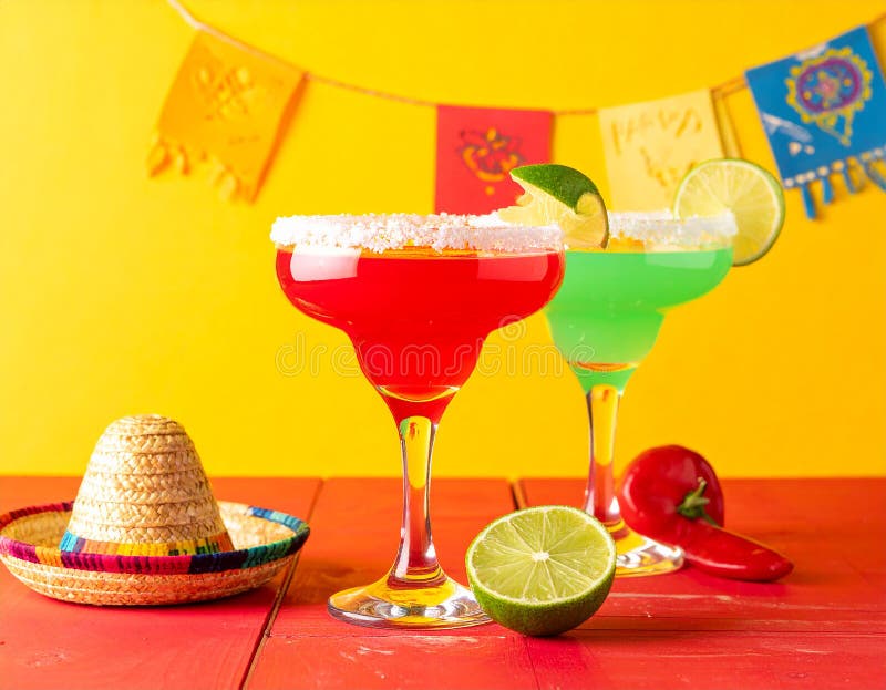Fericit Cinco de Mayo temă de petrecere colorată cu băuturi de margarita de culoare strălucitoare pe masa de lemn roșu și fundal g vector illustration