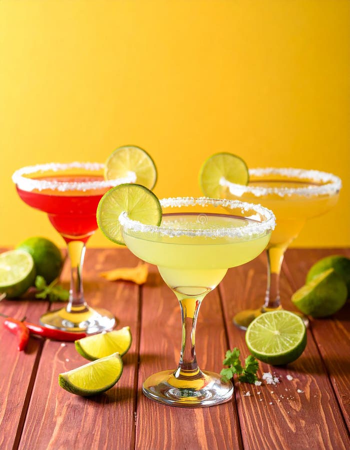 Fericit Cinco de Mayo temă de petrecere colorată cu băuturi de margarita de culoare strălucitoare pe masa de lemn roșu și fundal g vector illustration