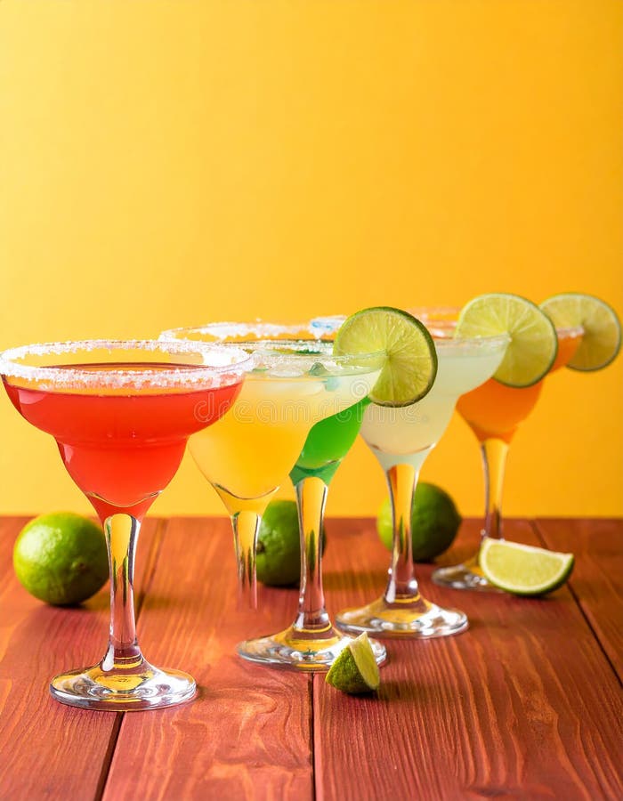 Fericit Cinco de Mayo temă de petrecere colorată cu băuturi de margarita de culoare strălucitoare pe masa de lemn roșu și fundal g vector illustration