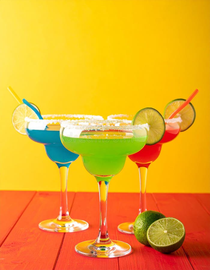 Fericit Cinco de Mayo temă de petrecere colorată cu băuturi de margarita de culoare strălucitoare pe masa de lemn roșu și fundal g stock illustration