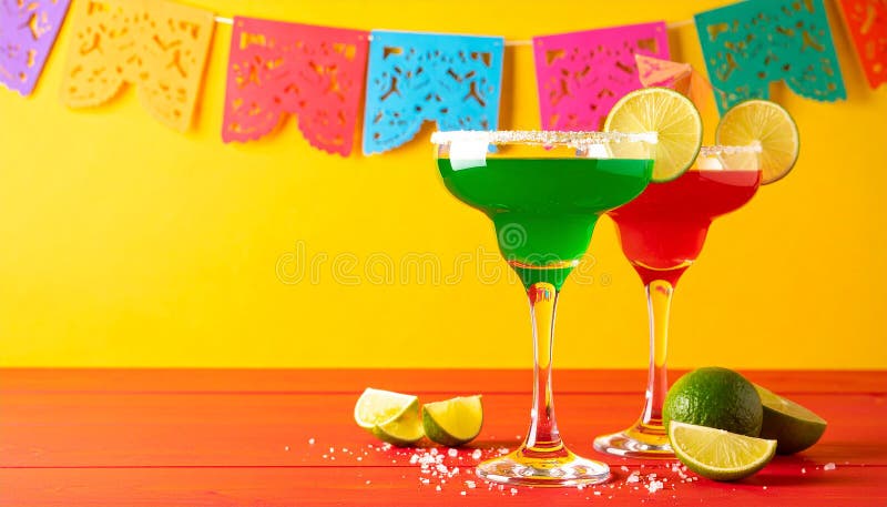 Fericit Cinco de Mayo temă de petrecere colorată cu băuturi de margarita de culoare strălucitoare pe masa de lemn roșu și fundal g vector illustration