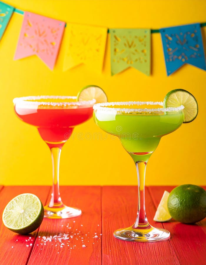 Fericit Cinco de Mayo temă de petrecere colorată cu băuturi de margarita de culoare strălucitoare pe masa de lemn roșu și fundal g stock illustration