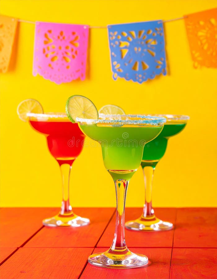 Fericit Cinco de Mayo temă de petrecere colorată cu băuturi de margarita de culoare strălucitoare pe masa de lemn roșu și fundal g vector illustration