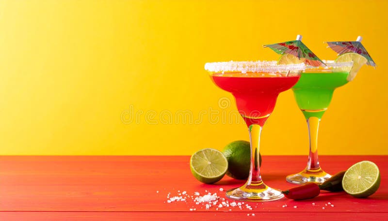 Fericit Cinco de Mayo temă de petrecere colorată cu băuturi de margarita de culoare strălucitoare pe masa de lemn roșu și fundal g stock illustration