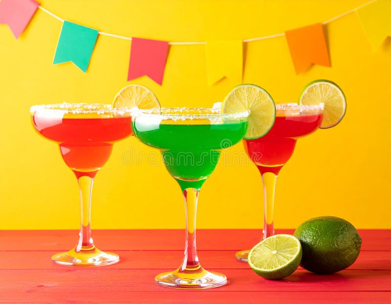 Fericit Cinco de Mayo temă de petrecere colorată cu băuturi de margarita de culoare strălucitoare pe masa de lemn roșu și fundal g vector illustration
