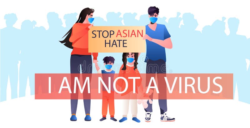 Fermare la famiglia dell'odio asiatico con le maschere che tengono uno striscione contro il sostegno al razzismo durante la pandem