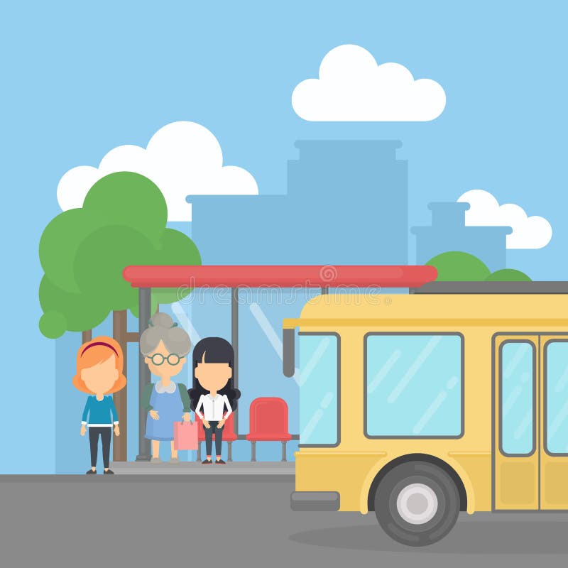 Fermata dell'autobus con passeggeri illustrazione di stock