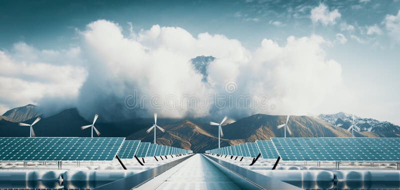 Ferme de formulaire de centrale solaire et éolienne offshore avec le rendu 3d majestueux du fond de montagne illustration libre de droits