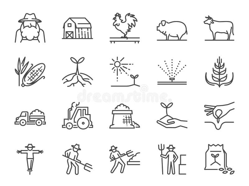 Vector and illustration: Farm and agriculture line icon set. Included the icons as farmer, cultivation, plant, crop, livestock, cattle, farm, barn and more. Vector and illustration: Farm and agriculture line icon set. Included the icons as farmer, cultivation, plant, crop, livestock, cattle, farm, barn and more.