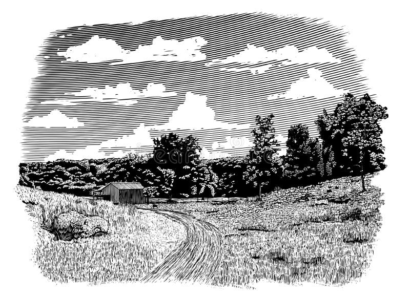 Woodcut-style illustration of a dirt road leading back to an old barn. Woodcut-style illustration of a dirt road leading back to an old barn