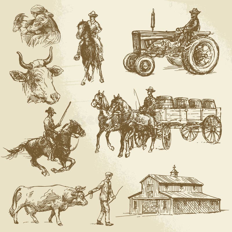 Farm, cow, agriculture - hand drawn collection. Farm, cow, agriculture - hand drawn collection