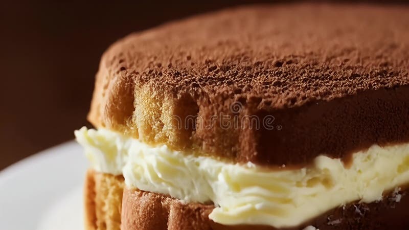 Fermer Dessert de gâteau aux épices brun et blanc avec poudre de cacao sur plaque blanche illustration de vecteur