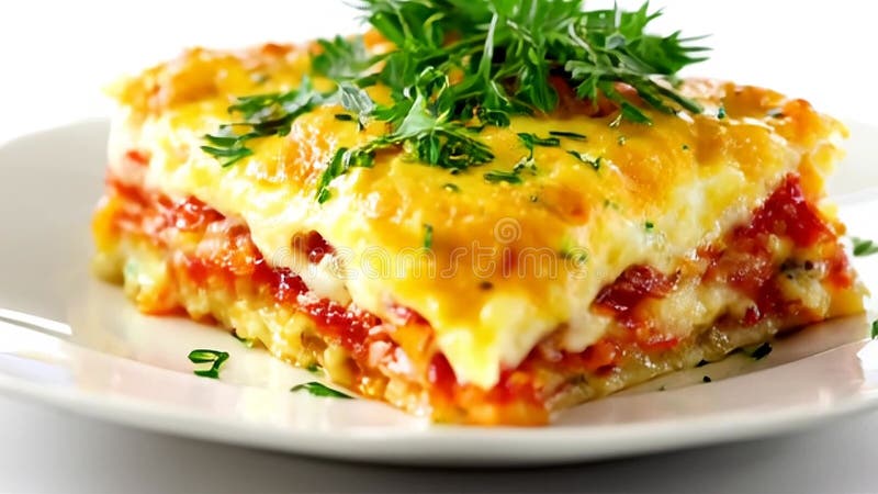 Fermer la tranche de lasagne avec le fromage fondu et la garniture de persil frais sur une plaque blanche dans un éclairage de stu illustration de vecteur