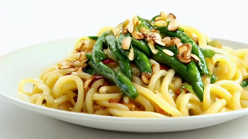 Fermer les pâtes avec des haricots verts et des amandes grillées sur une plaque blanche illustration de vecteur