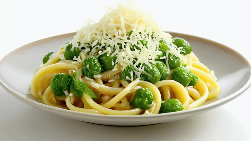 Fermer les pâtes avec des pois verts et du fromage râpé sur une plaque illustration libre de droits