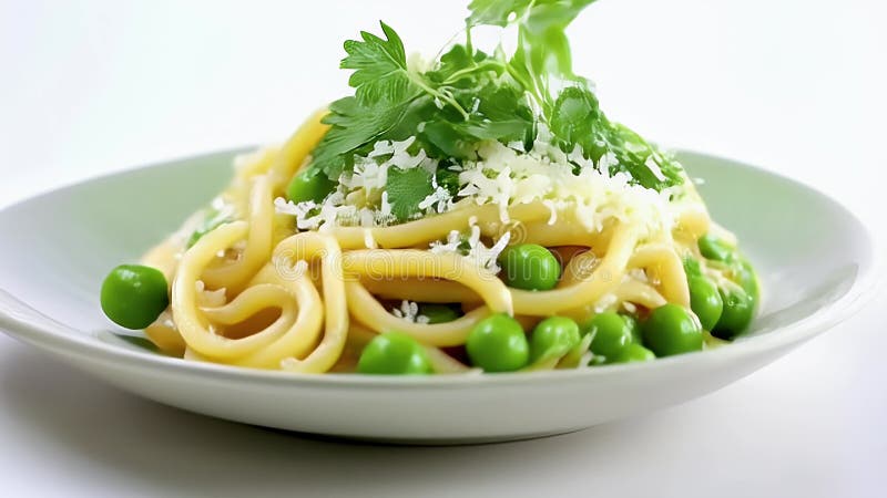 Fermer les pâtes crémeuses avec les pois verts et le fromage râpé sur une plaque de gris clair illustration libre de droits