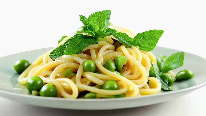 Fermer les pâtes jaune clair avec les pois verts et la menthe fraîche sur la plaque de Teal illustration de vecteur