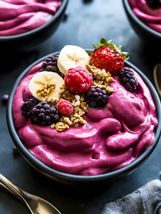 Fermer un bol de smoothie avec des baies de banane et de granola dans un bol sombre sur une surface sombre illustration stock