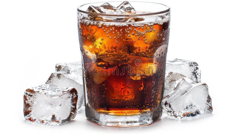 Glass containing cola and ice cubes, focusing on a close-up view. AI generated. Glass containing cola and ice cubes, focusing on a close-up view. AI generated