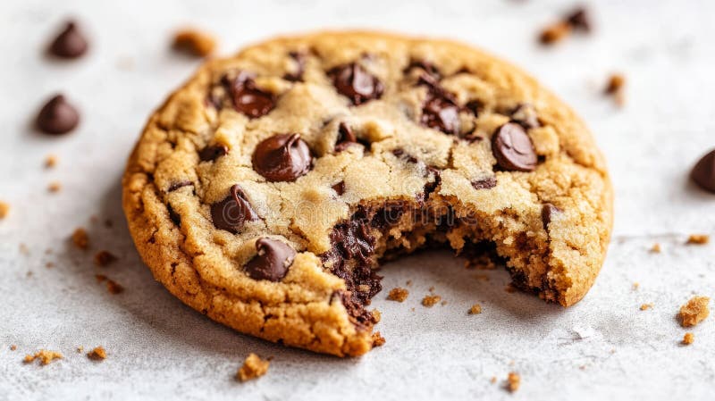 Fermeture d'un biscuit à puce chocolat avec une bouchée sortie montrant du chocolat fondu. photos libres de droits