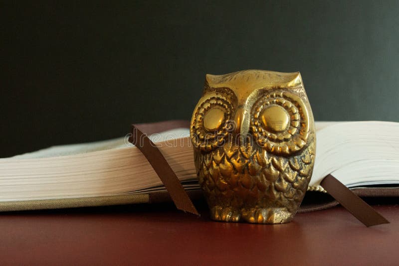 Fermez-vous d'une figure d'or d'un hibou devant un livre ouvert images libres de droits Fermez-vous d'une figure d'or d'un hibou devant un livre ouvert images libres de droits