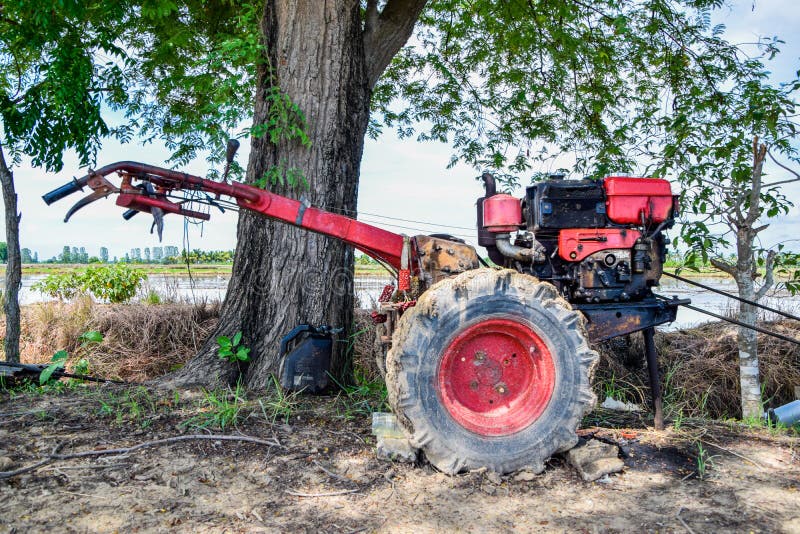 Fermez-vous du vieux tracteur rouge de talle ou du tracteur de marche garé sous l'arbre dans les domaines à la campagne, Thaïland images stock Fermez-vous du vieux tracteur rouge de talle ou du tracteur de marche garé sous l'arbre dans les domaines à la campagne, Thaïland images stock