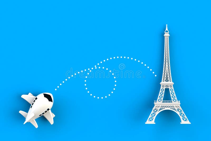 Fermez-vous du vol d'avion montent à l'illustration de concept de Tour Eiffel sur le fond bleu illustration libre de droits Fermez-vous du vol d'avion montent à l'illustration de concept de Tour Eiffel sur le fond bleu illustration libre de droits