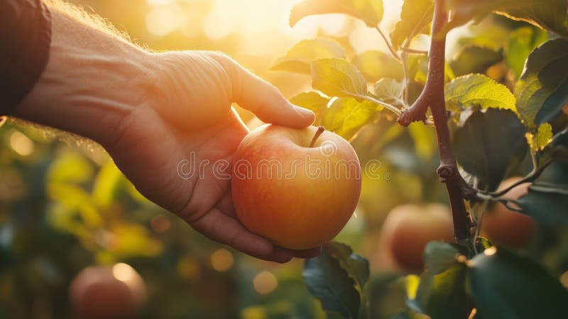 Fermier care culege mere în livadă la răsărit royalty free illustration
