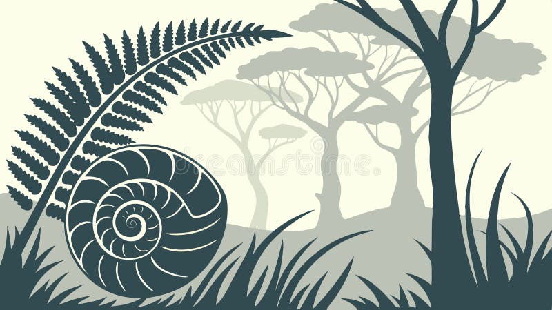 Ferns and Nautilus Shell in Forest, Nature Mystery Vector, vector design Generative AI stock illustration