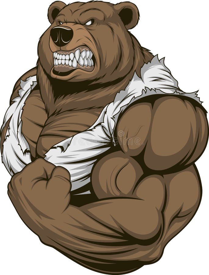 Vektorové ilustrace, divoký medvěd sportovec pózuje, ukazovat velké bicepsy.