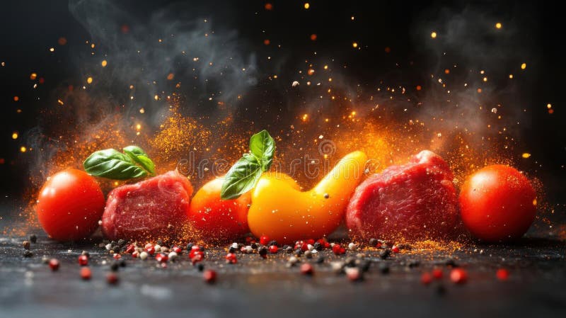 Feroy Food Explosion Steak Peppers Tomates stock de ilustración