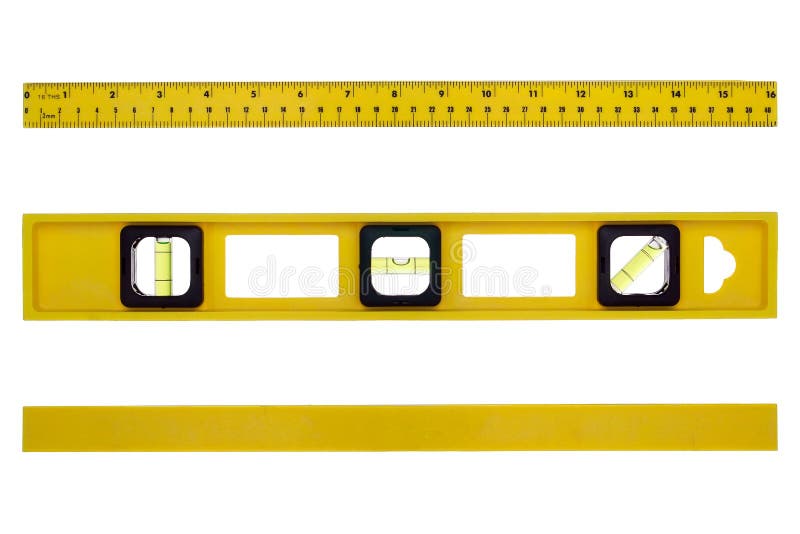 Yellow construction bubble spirit level tool featuring inch and metric ruler with different views from above and underneath isolated on white. Yellow construction bubble spirit level tool featuring inch and metric ruler with different views from above and underneath isolated on white