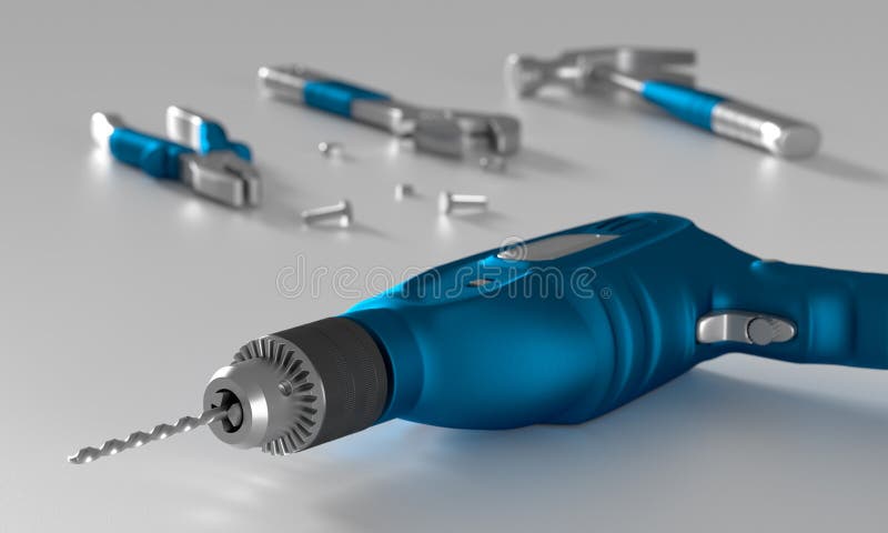 Ferramentas azuis da broca e da construção no fundo branco imagens de stock Ferramentas azuis da broca e da construção no fundo branco imagens de stock