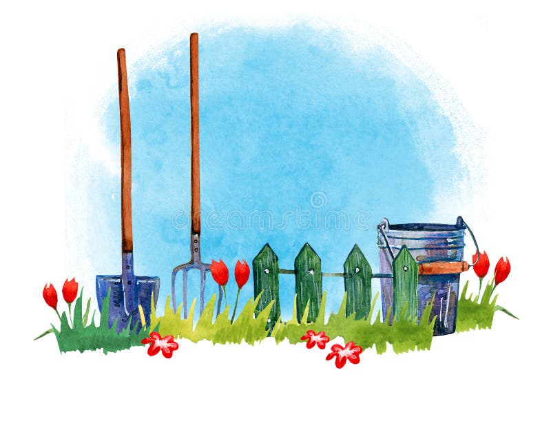 Ferramentas de jardinagem na grama - entregue a ilustração tirada da aquarela no fundo azul ilustração stock Ferramentas de jardinagem na grama - entregue a ilustração tirada da aquarela no fundo azul ilustração stock
