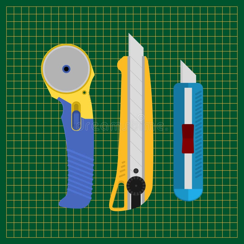 Ferramentas para cortar o papel e a tela Faca dos artigos de papelaria, cortando a esteira, cortador giratório da lâmina ilustração stock Ferramentas para cortar o papel e a tela Faca dos artigos de papelaria, cortando a esteira, cortador giratório da lâmina ilustração stock