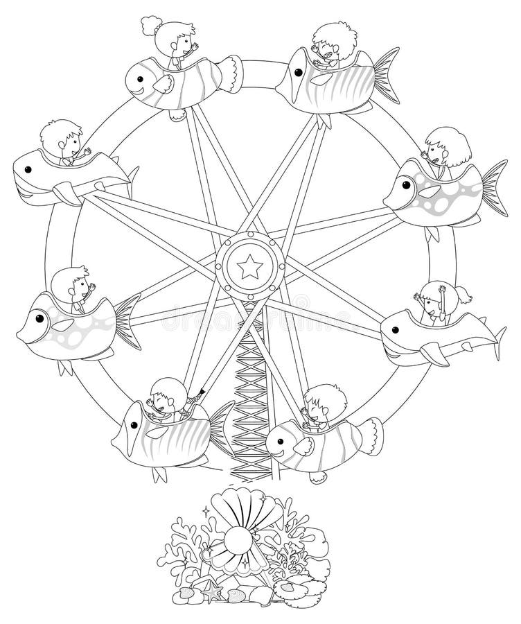 Ferris wheel black and white doodle character stock illustration