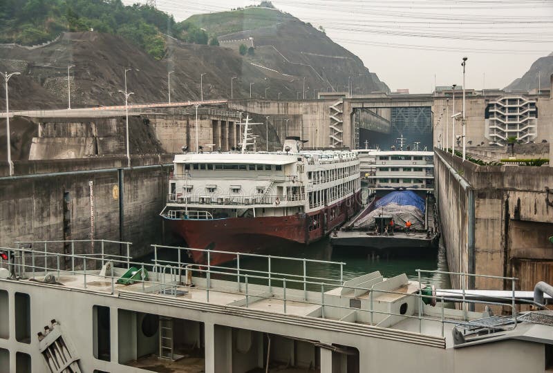Ferry And Boats Inside Locks Of Ship Lift At Three Gorges Dam China Editorial Photo Image Of