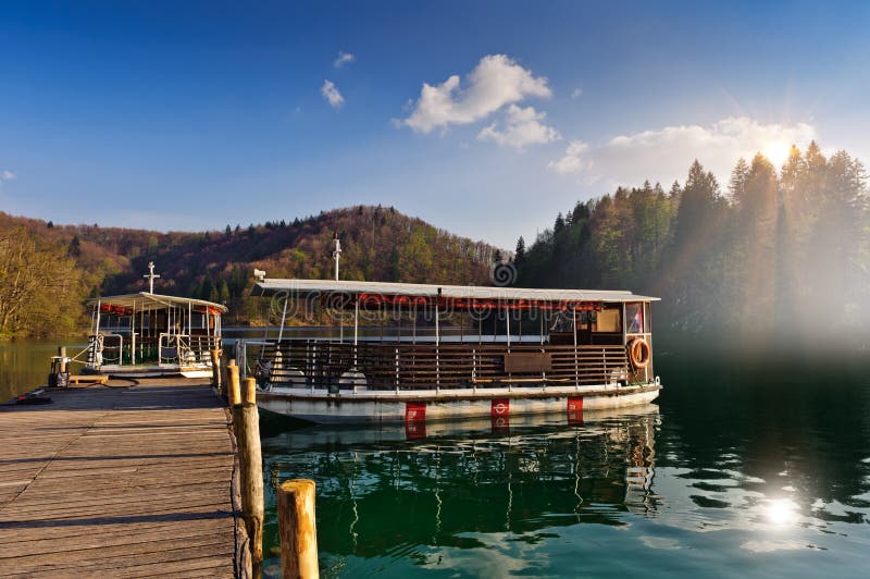 Ferry boats on Plitvice lakes pier