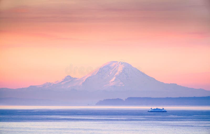 Download A Ferry Crossing The Puget Sound At Sunrise With Mount Rainier I Stock Photo - Image of northwest, ocean: 96541718
