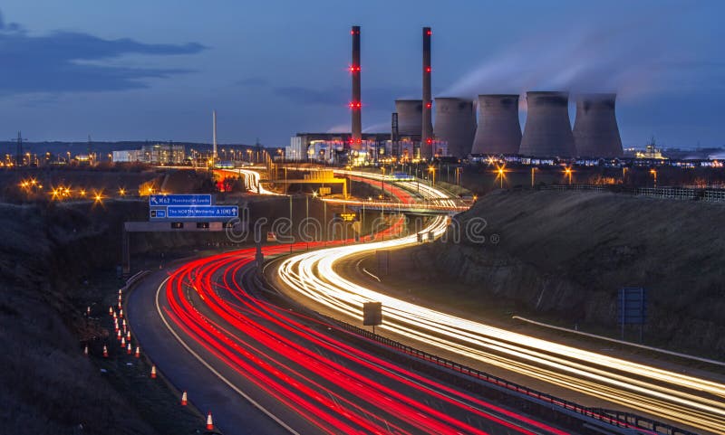 Ferrybridge Power Station in Yorkshire and a dual carriageway. Ferrybridge Power station in Yorkshire,UK and light trails on a dual carriageway stock photos Ferrybridge Power Station in Yorkshire and a dual carriageway. Ferrybridge Power station in Yorkshire,UK and light trails on a dual carriageway stock photos