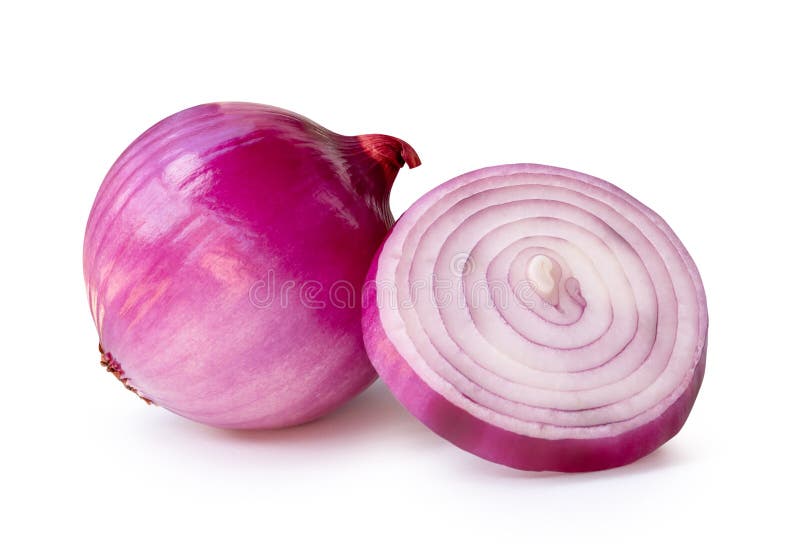 Fesh peeled red or purple Spanish onion in one slice in circle shape and one bulb in stack isolated on white background with royalty free stock photo