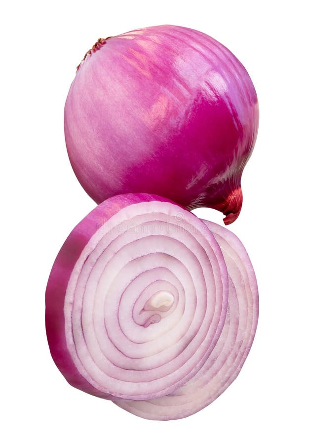 Fesh peeled red or purple Spanish onion in two slices in circle shape and one bulb in stack isolated on white background with stock photo