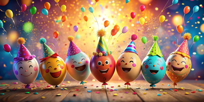 Festa allegra con palloncini allegri con cappelli da festa e coriandoli sulla superficie di legno. Generative AI illustrazione di stock