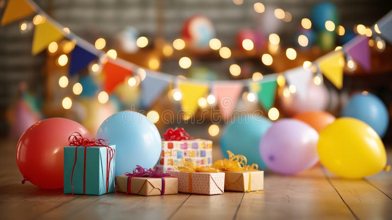 Festa con palloncini per doni e decorazioni colorate per cuochi. illustrazione di stock