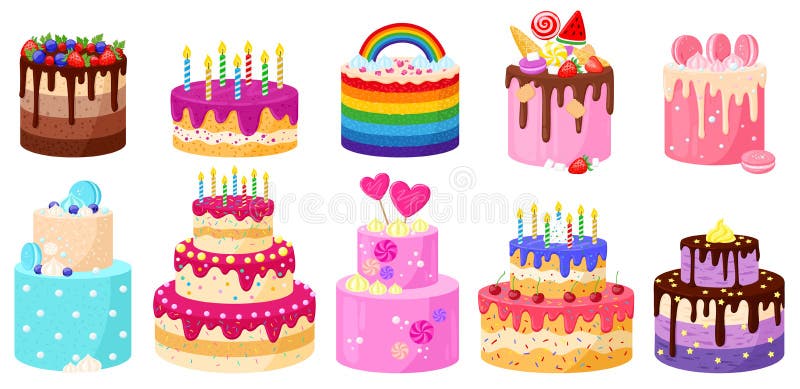 bolo de aniversário colorido conjunto ilustração dos desenhos