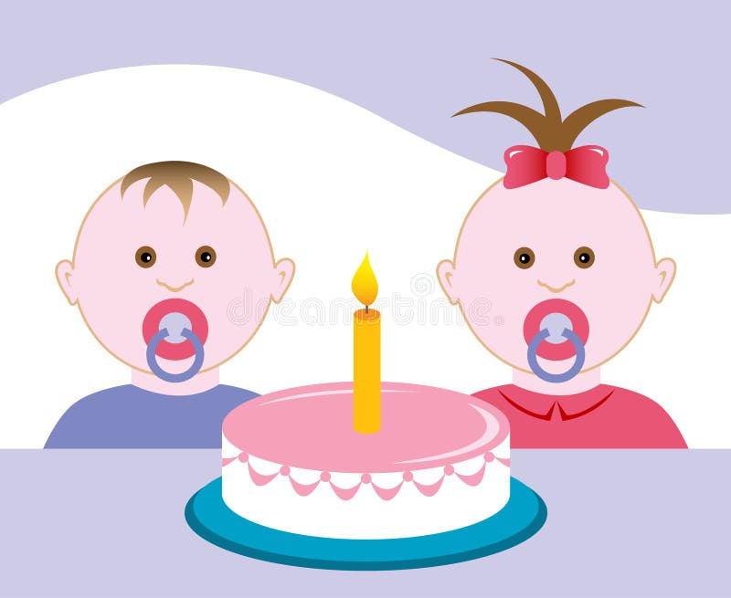 Two babies at the birthday cake with one candle. Two babies at the birthday cake with one candle