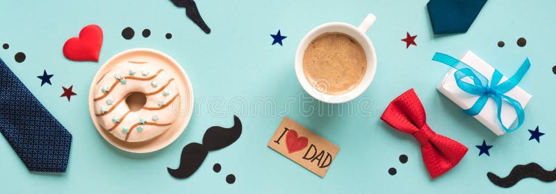 Happy Fathers Day flat lay on blue, banner. Morning coffee, donut, gift box with confetti and moustache, Father`s Day celebration concept. Happy Fathers Day flat lay on blue, banner. Morning coffee, donut, gift box with confetti and moustache, Father`s Day celebration concept